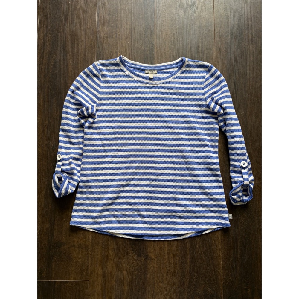 T by Talbots Waffle Knit Striped Top Blue White Roll Tab Sleeve Petite P